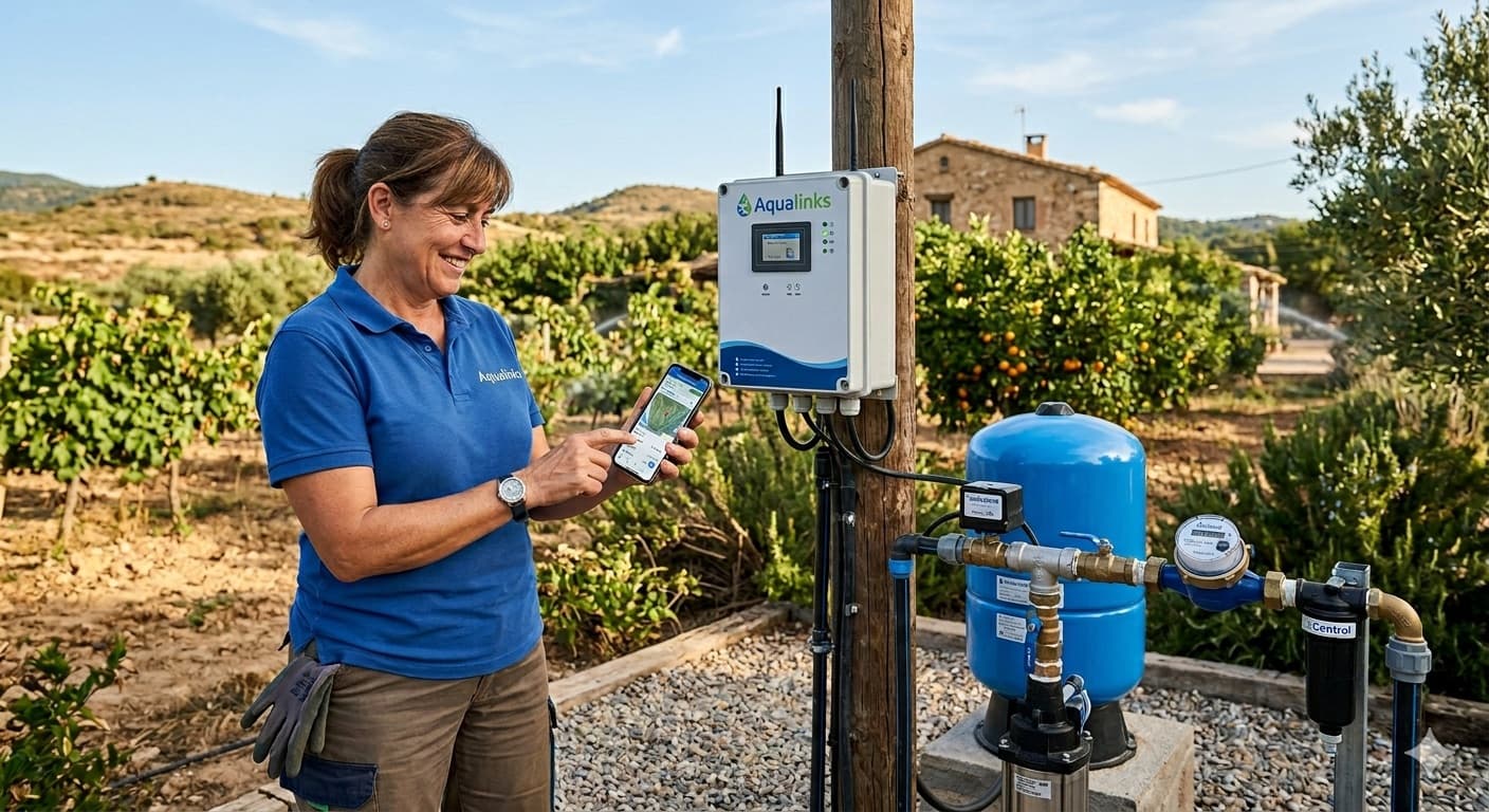 Técnica de AquaLinks controlando el sistema de riego desde el móvil con equipo de telecontrol instalado en el campo